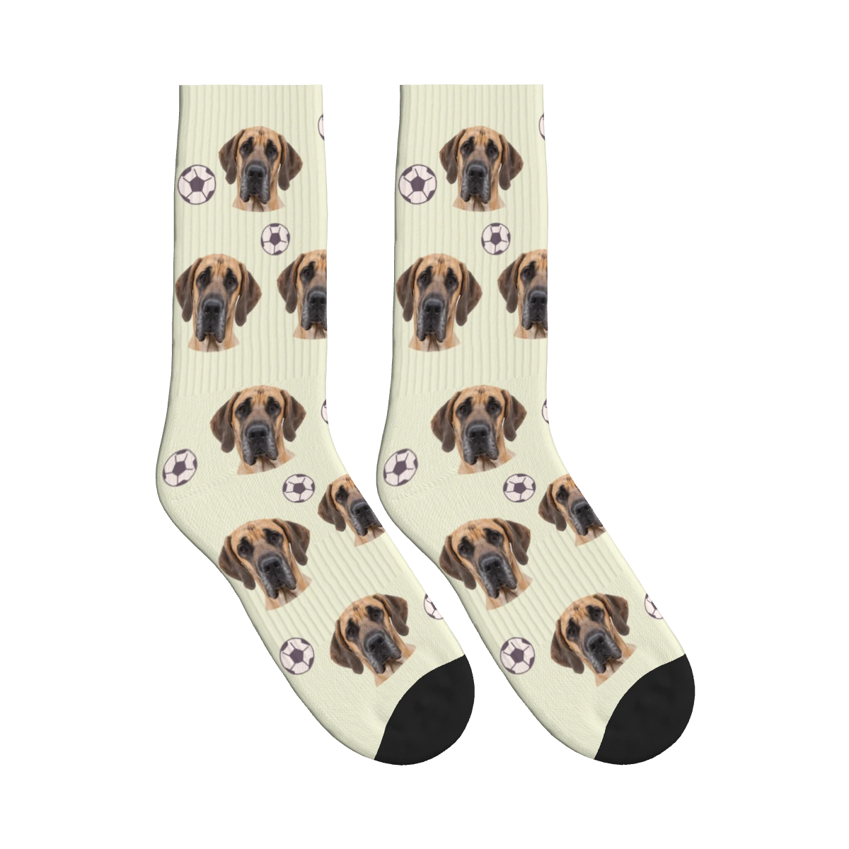 Soccer Dog Face Socks in Beige with a personalized dog photo