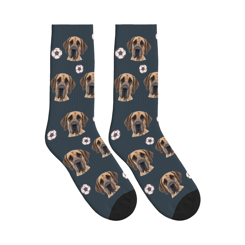 Soccer Dog Face Socks in Charcoal Gray with a personalized dog photo