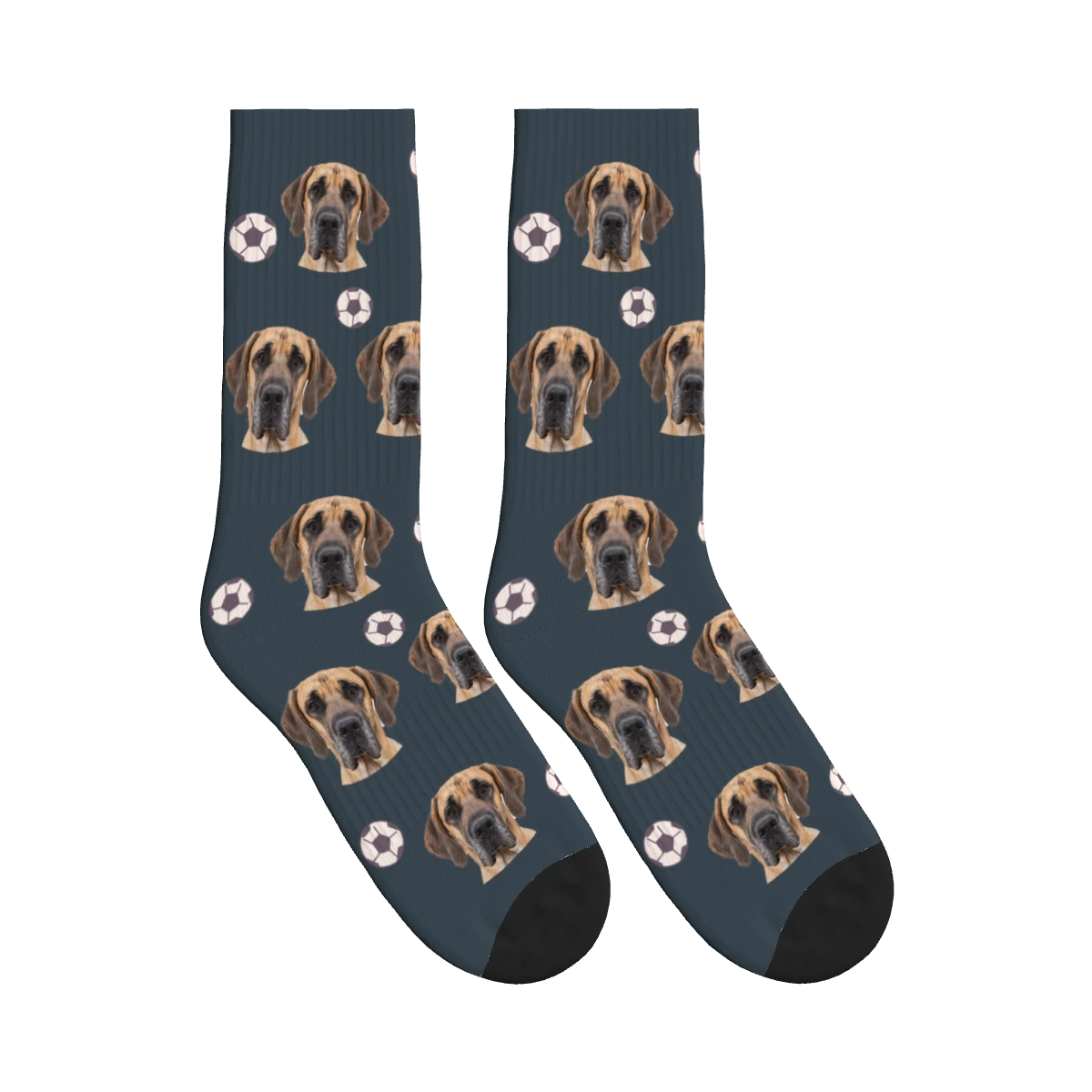 Soccer Dog Face Socks in Charcoal Gray with a personalized dog photo
