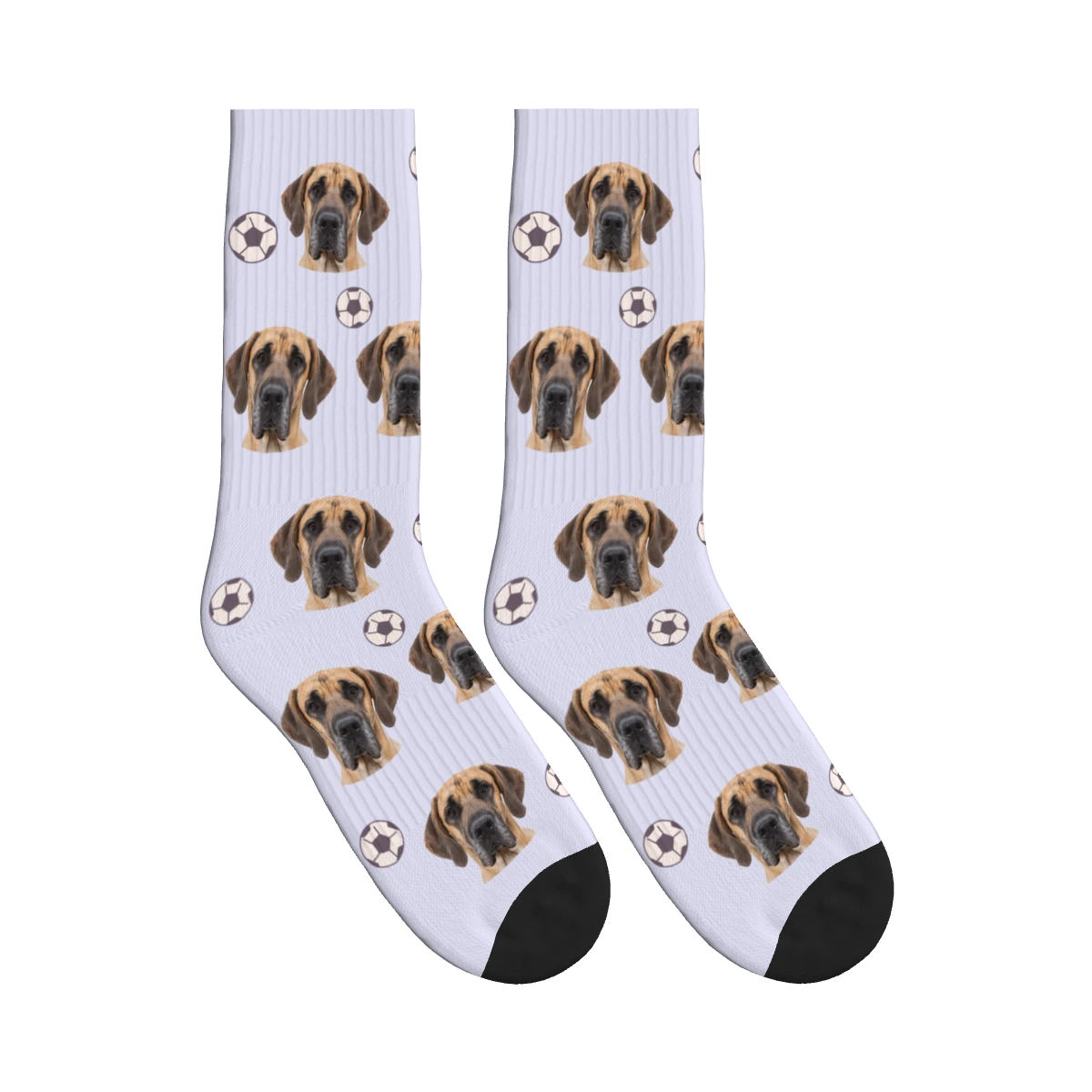 Soccer Dog Face Socks in Lavender with a personalized dog photo