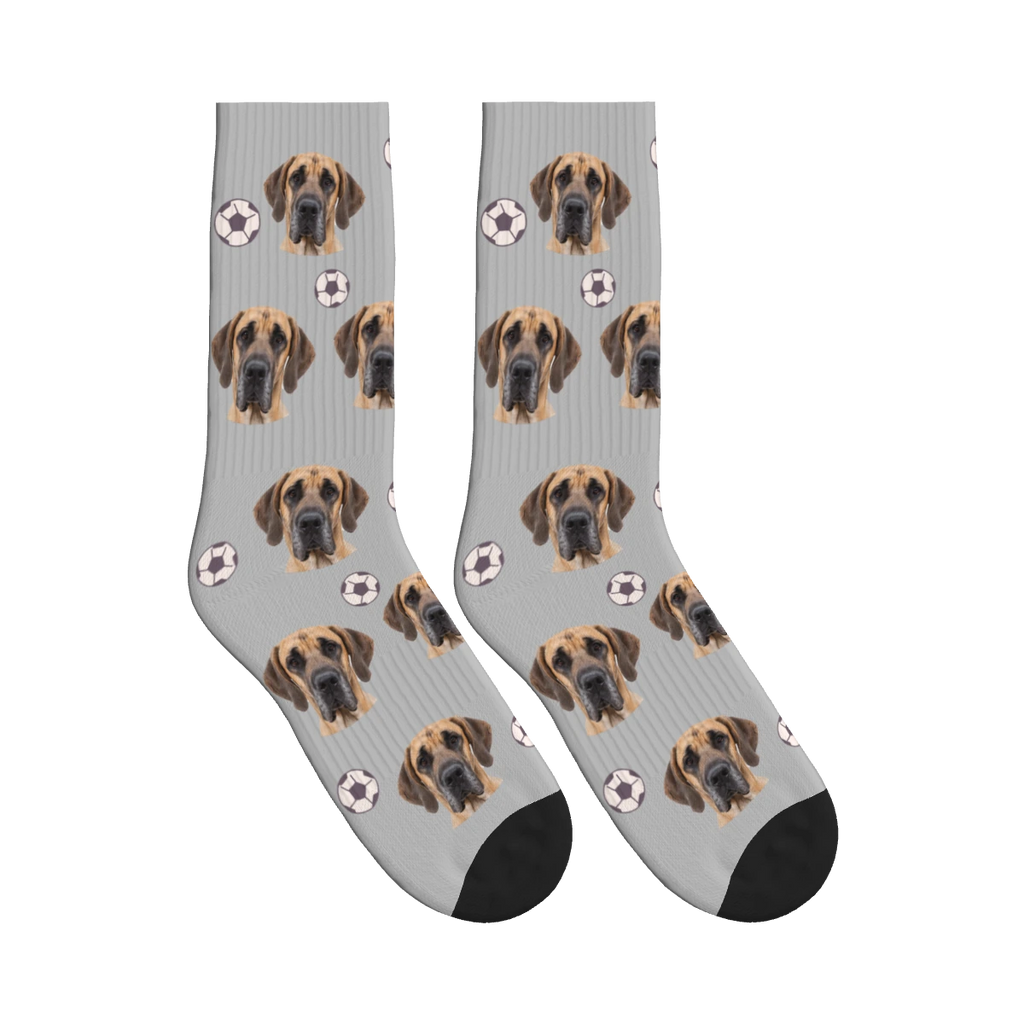 Soccer Dog Face Socks in Light Gray with a personalized dog photo