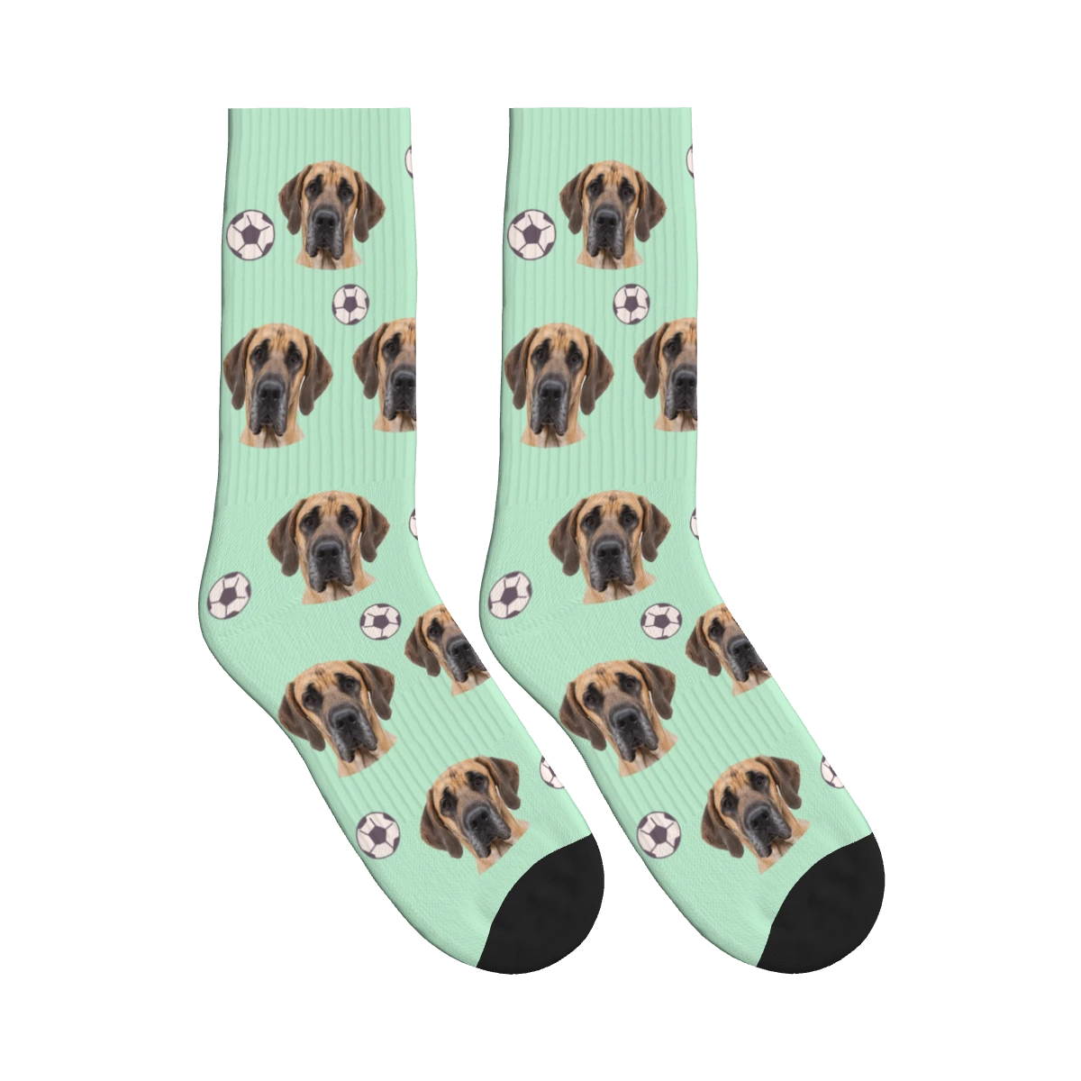 Soccer Dog Face Socks in Mint Green with a personalized dog photo