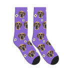 Soccer Dog Face Socks in Purple with a personalized dog photo