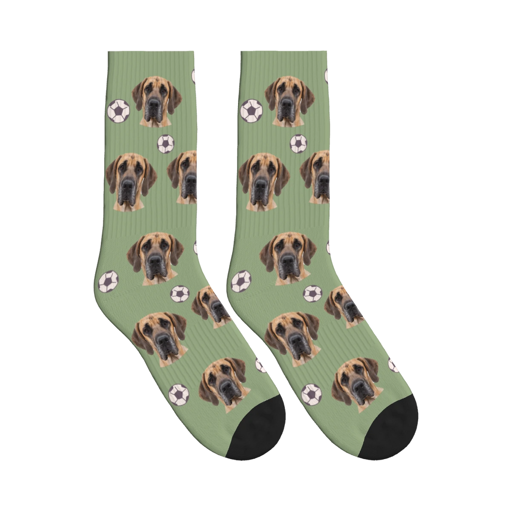 Soccer Dog Face Socks in Sage Green with a personalized dog photo