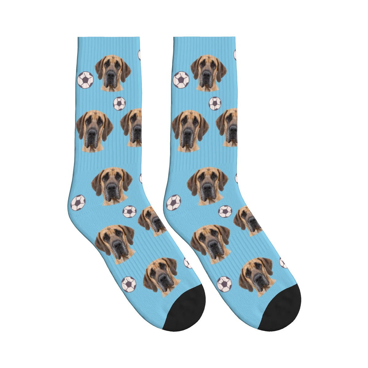 Soccer Dog Face Socks in Sky Blue with a personalized dog photo
