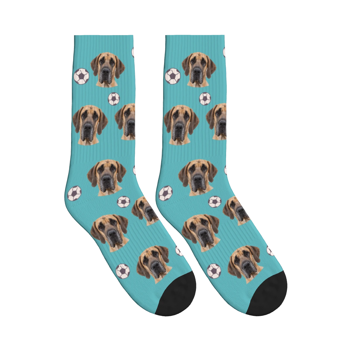 Soccer Dog Face Socks in Turquoise with a personalized dog photo