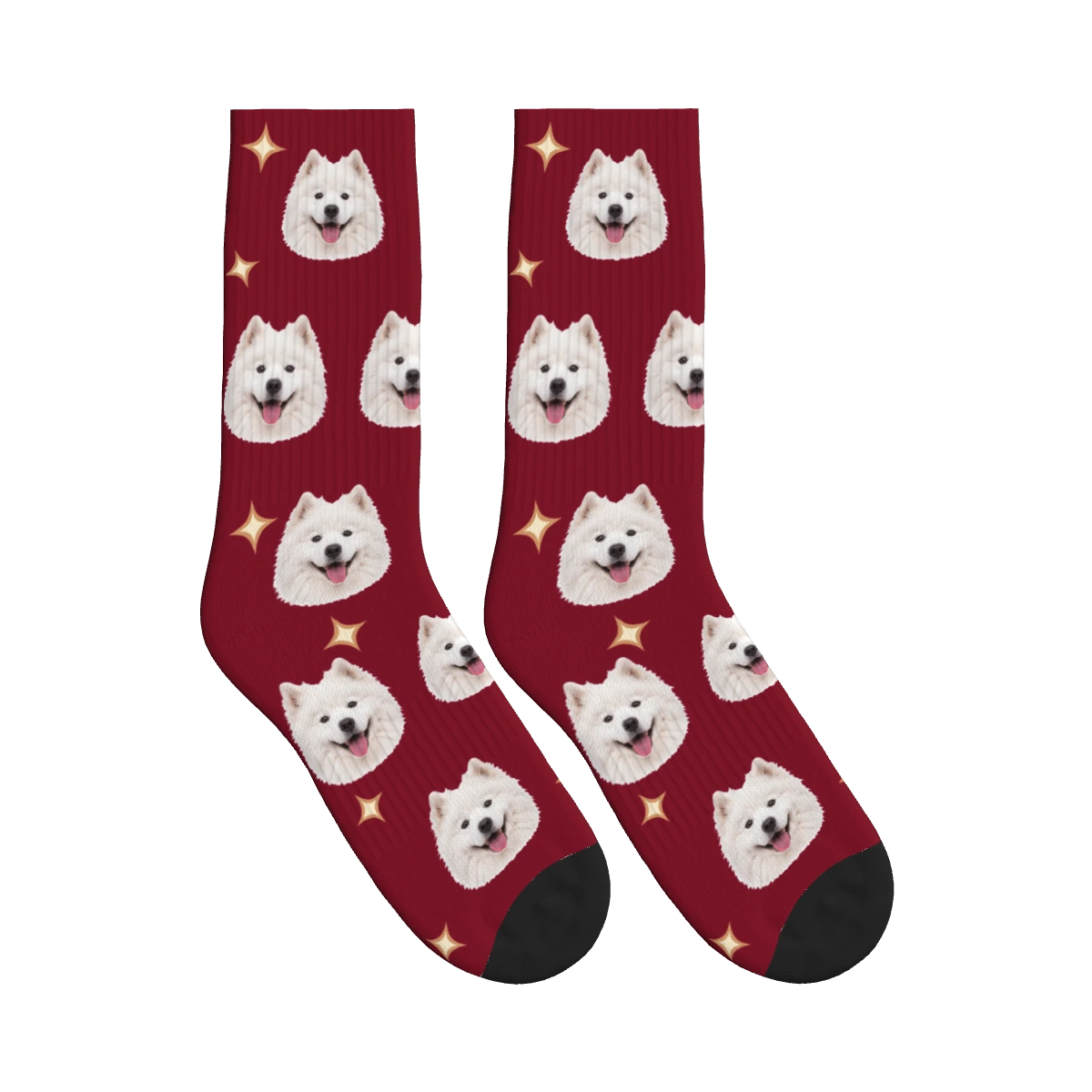 Little Sparkle Dog Face Socks in Burgundy with a personalized dog photo