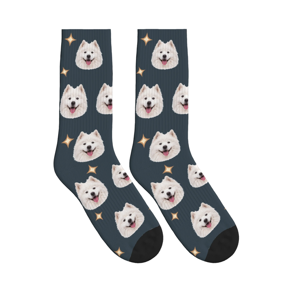 Little Sparkle Dog Face Socks in Charcoal Gray with a personalized dog photo