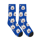 Little Sparkle Dog Face Socks in Cobalt Blue with a personalized dog photo