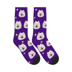 Little Sparkle Dog Face Socks in Deep Purple with a personalized dog photo