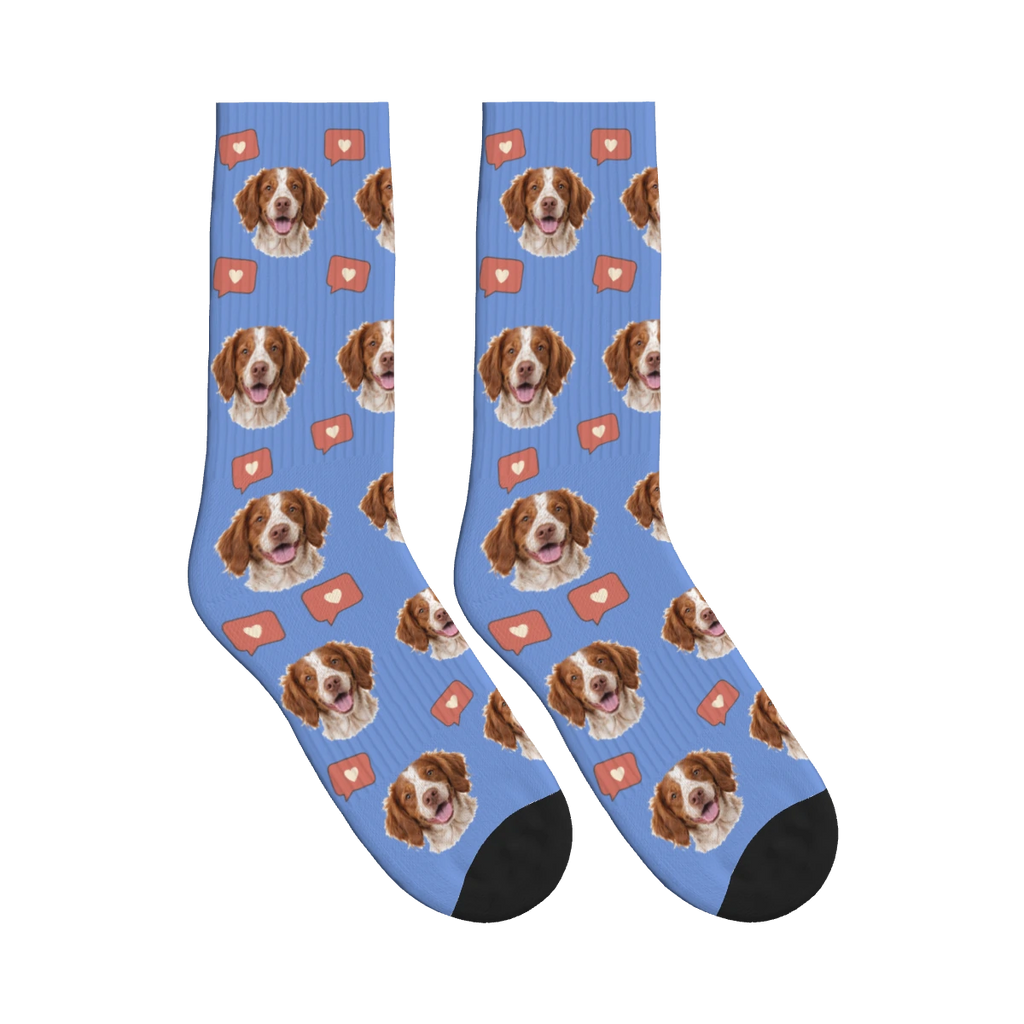 Heart Bubble Dog Face Socks in Cornflower Blue with a personalized dog photo