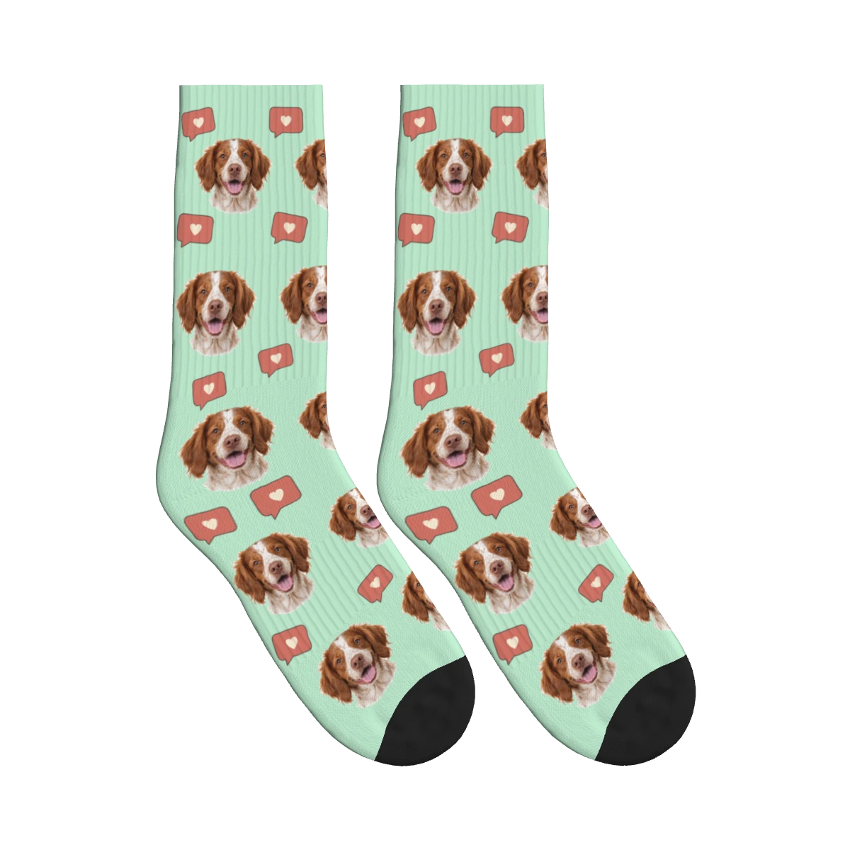 Heart Bubble Dog Face Socks in Mint Green with a personalized dog photo