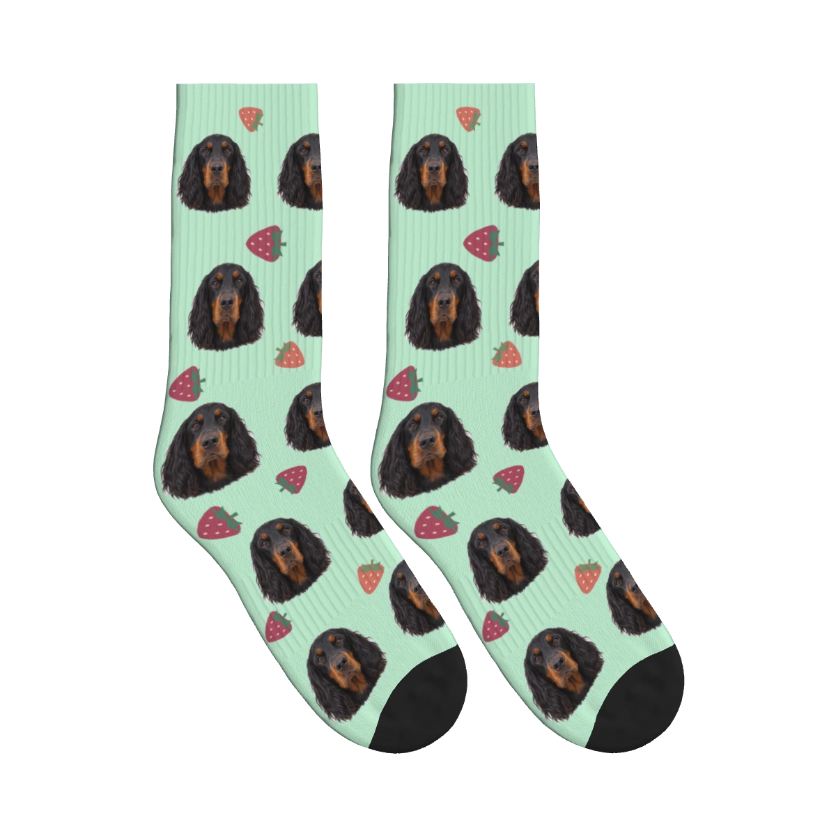 Strawberry Dog Face Socks in Mint Green with a personalized dog photo