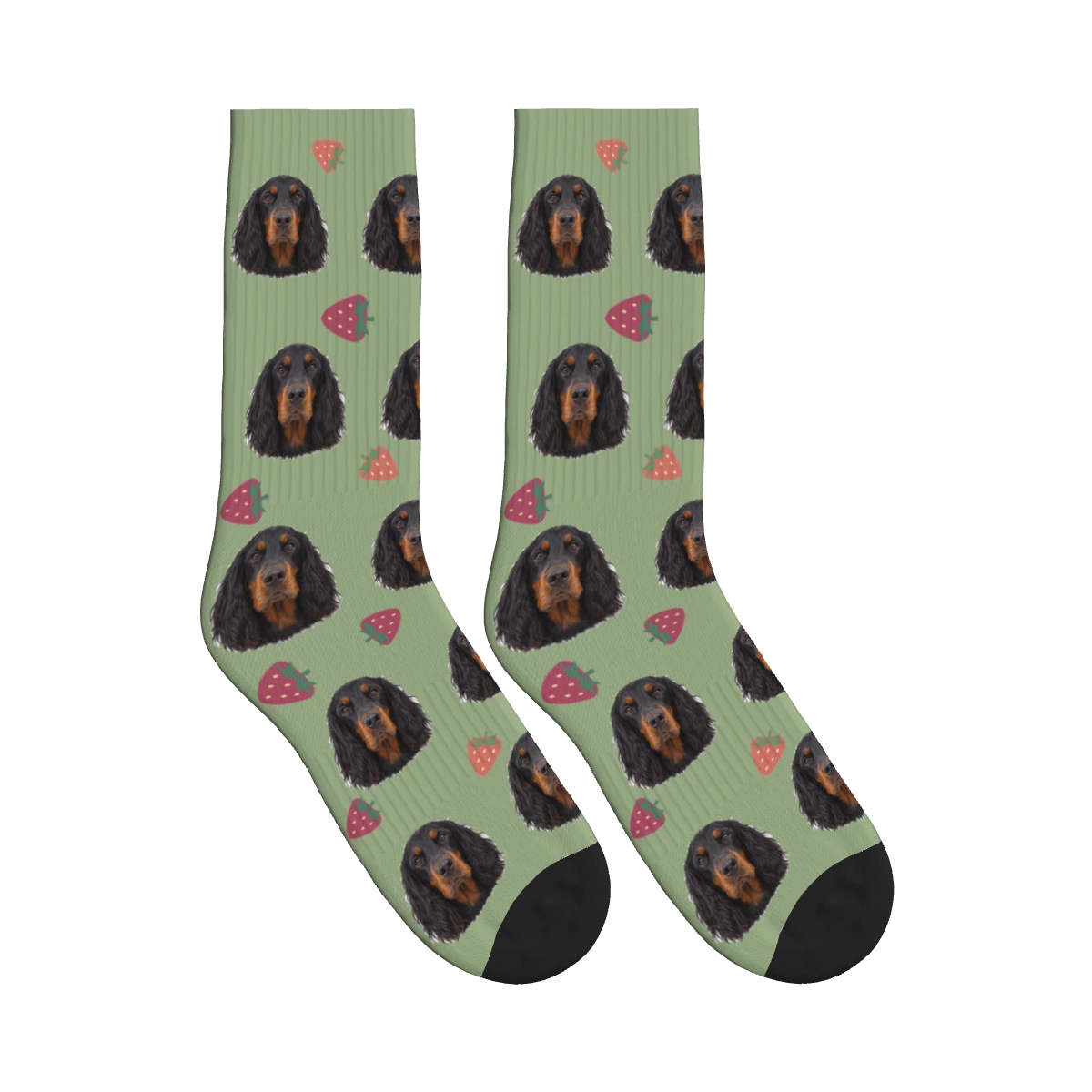 Strawberry Dog Face Socks in Sage Green with a personalized dog photo