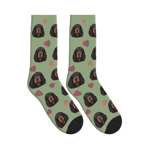 Strawberry Dog Face Socks in Sage Green with a personalized dog photo
