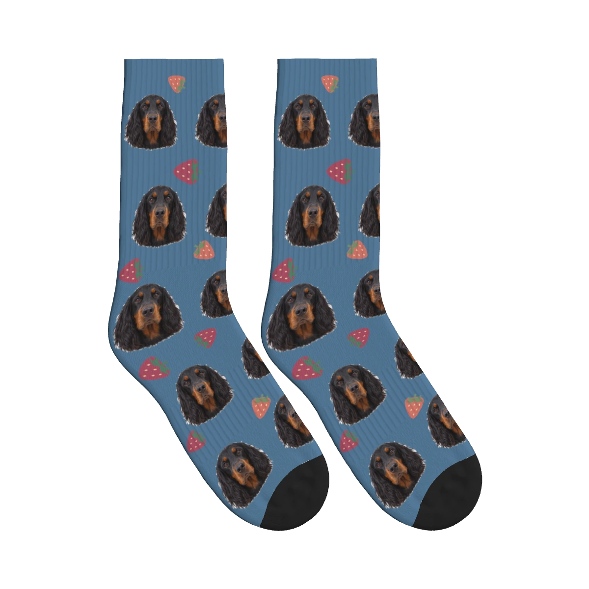 Strawberry Dog Face Socks in Steel Blue with a personalized dog photo