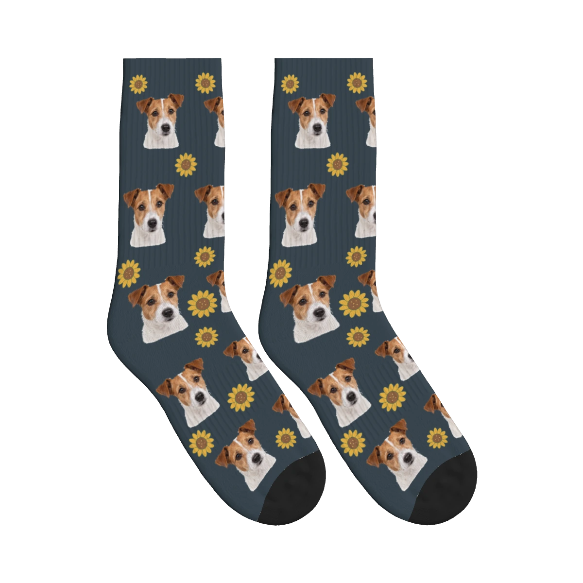 Sunflower Dog Face Socks in Charcoal Gray with a personalized dog photo