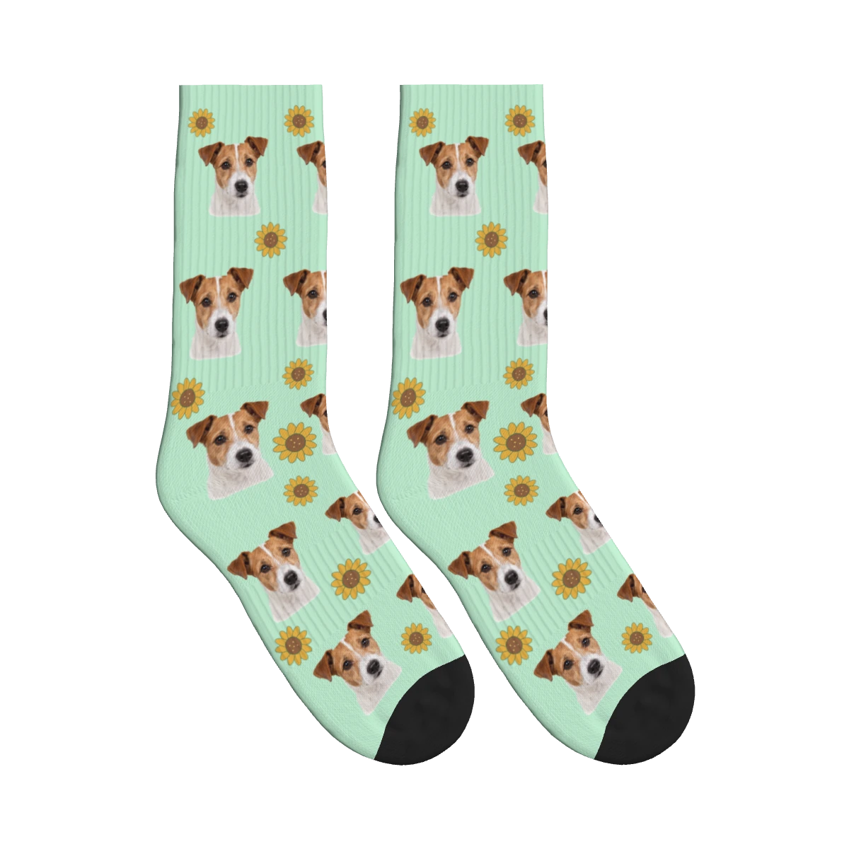 Sunflower Dog Face Socks in Mint Green with a personalized dog photo