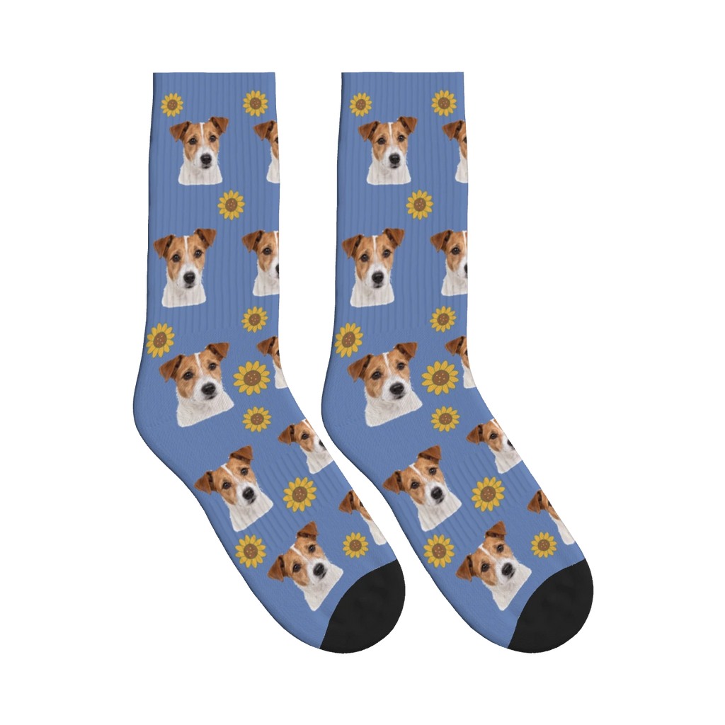 Sunflower Dog Face Socks in Slate Blue with a personalized dog photo
