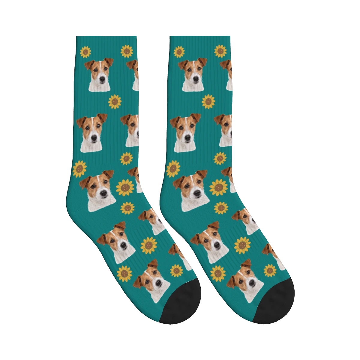 Sunflower Dog Face Socks in Teal with a personalized dog photo