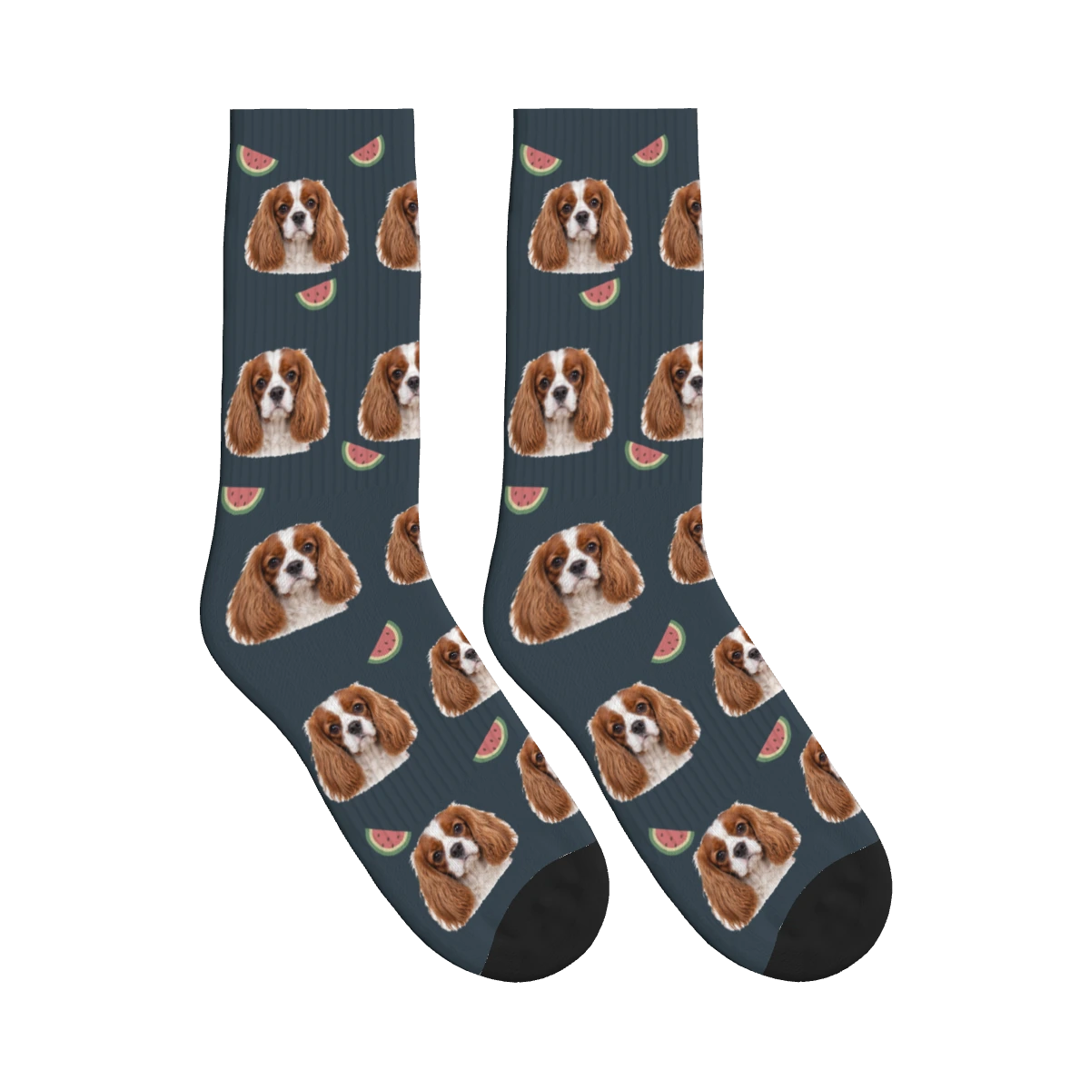Watermelon Dog Face Socks in Charcoal Gray with a personalized dog photo