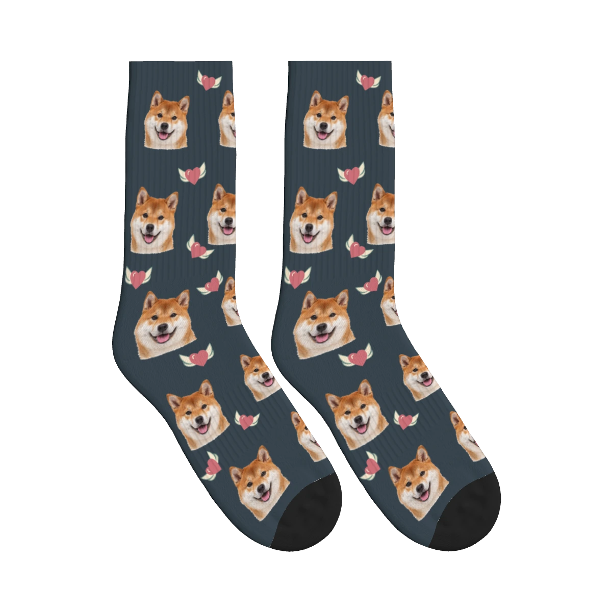 Winged Heart Dog Face Socks in Charcoal Gray with a personalized dog photo