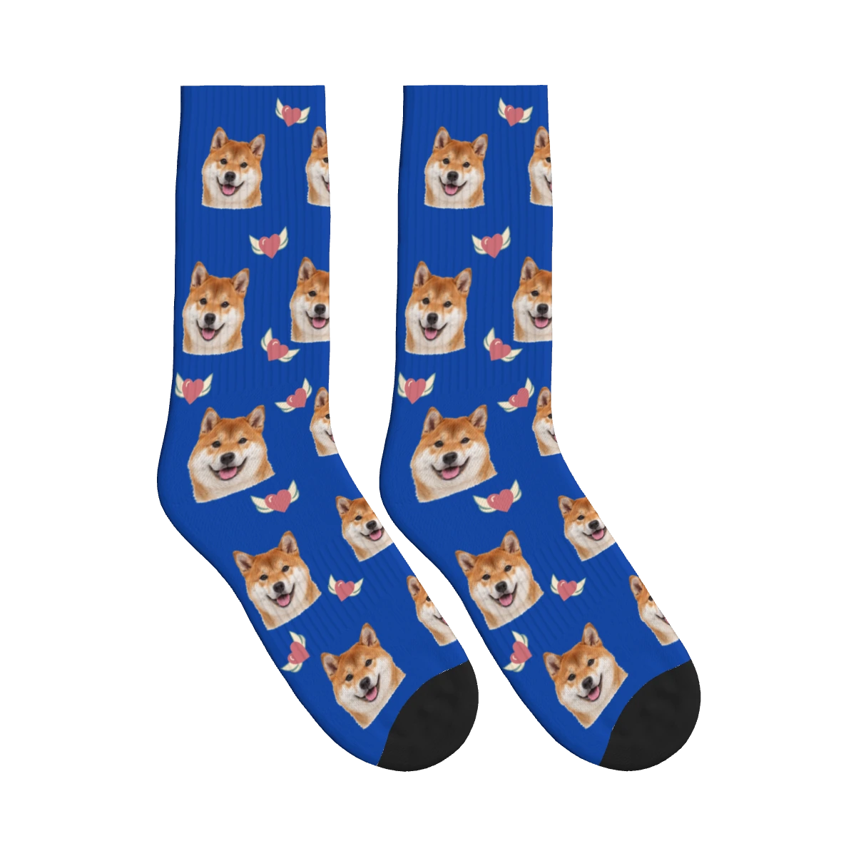 Winged Heart Dog Face Socks in Cobalt Blue with a personalized dog photo