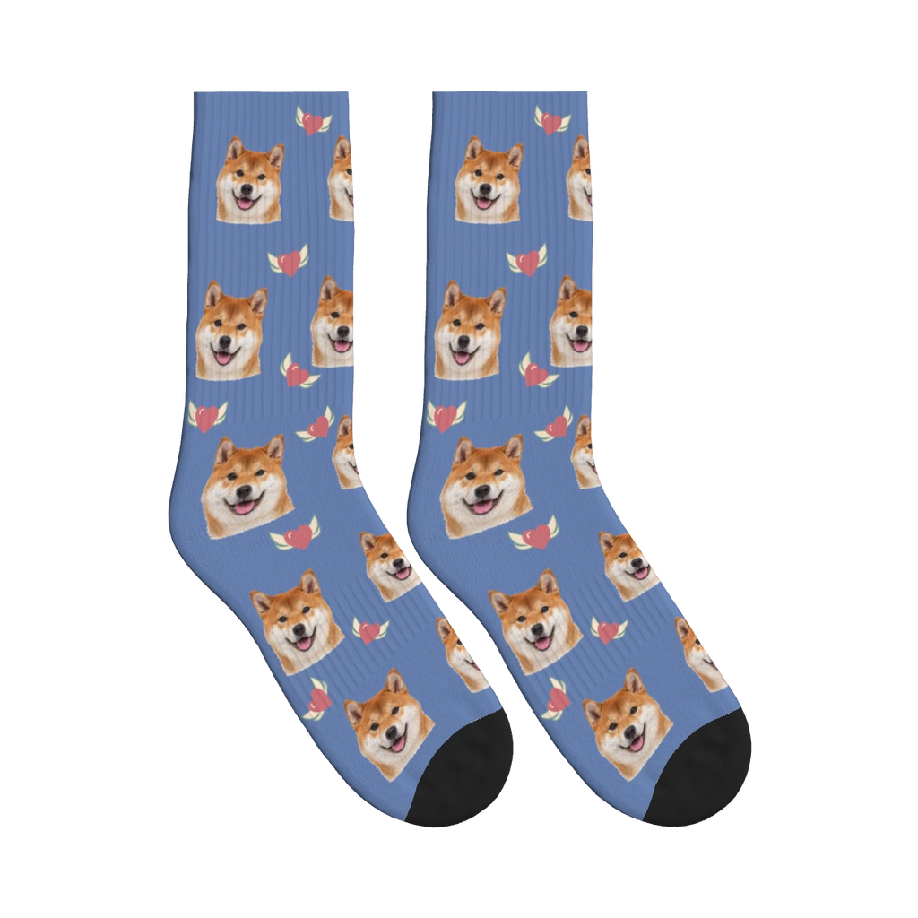 Winged Heart Dog Face Socks in Slate Blue with a personalized dog photo