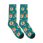 Winged Heart Dog Face Socks in Teal with a personalized dog photo