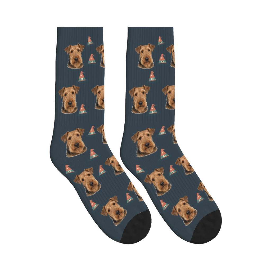 Witch Hat Dog Face Socks in Charcoal Gray with a personalized dog photo