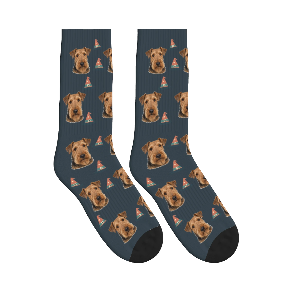 Witch Hat Dog Face Socks in Charcoal Gray with a personalized dog photo
