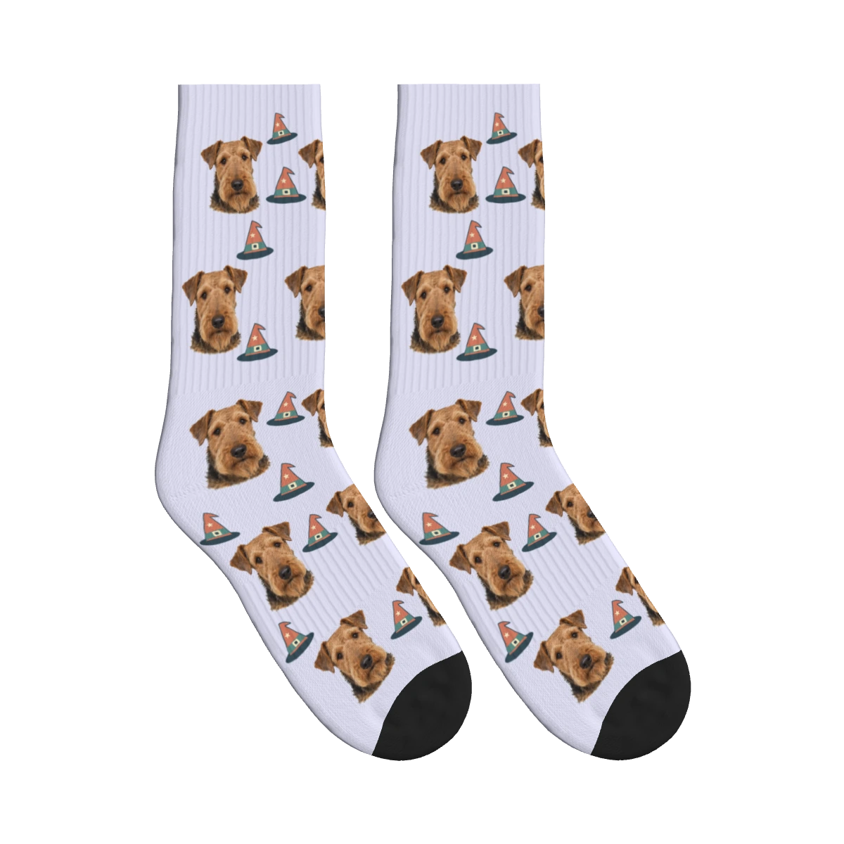 Witch Hat Dog Face Socks in Lavender with a personalized dog photo