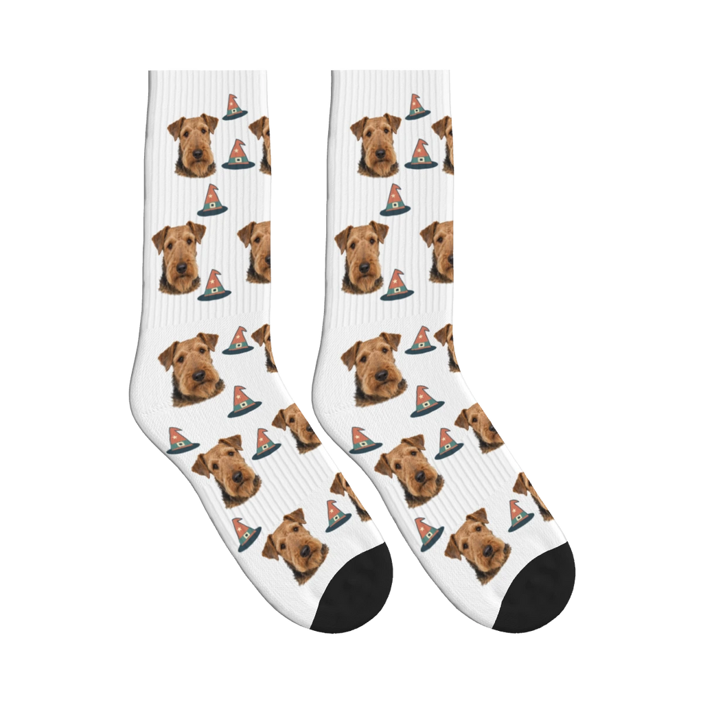 Witch Hat Dog Face Socks in White with a personalized dog photo