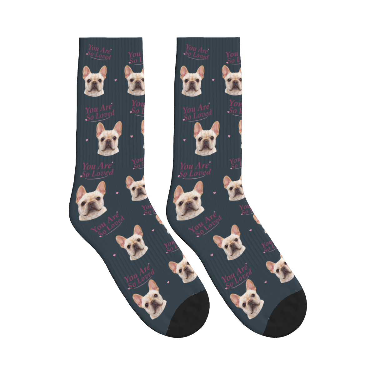 You Are So Loved Dog Face Socks in Charcoal Gray with a custom dog photo