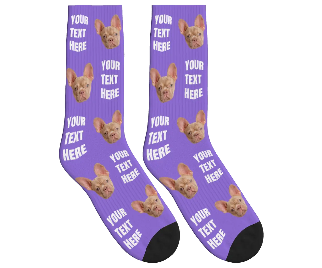 Your Text & Dog Face Socks - Purple / Crew Socks