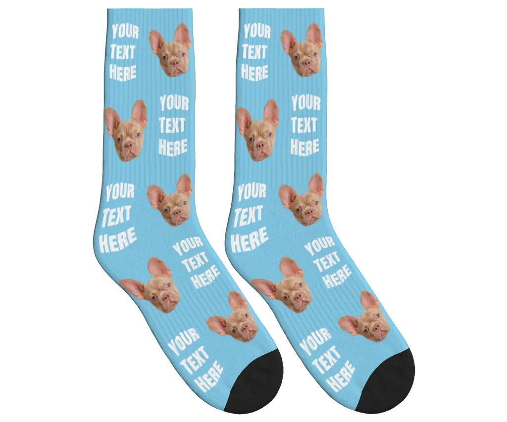 Your Text & Dog Face Socks - Sky Blue / Crew Socks